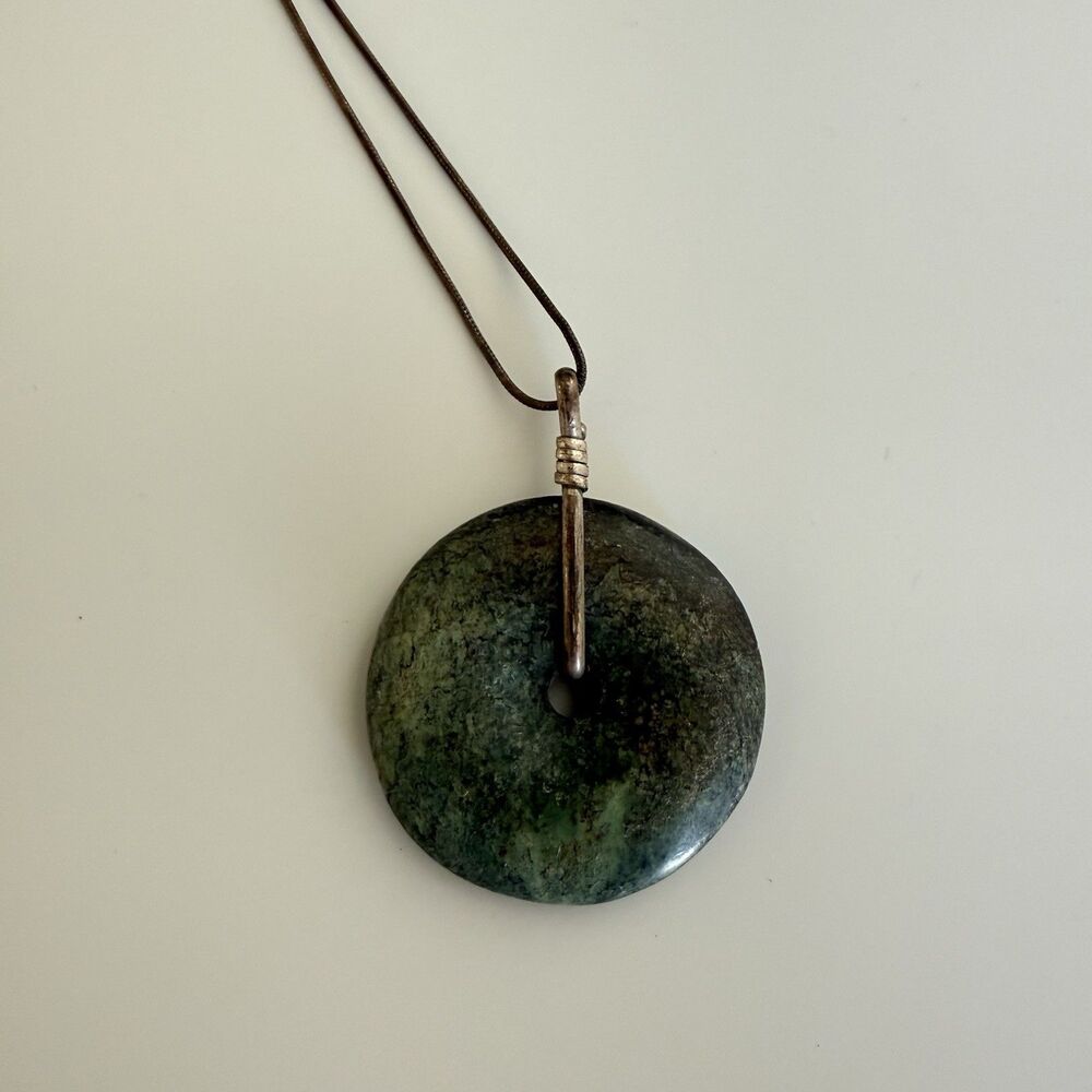Vintage AGI Snake Chain Necklace Natural Green Gemstone Bi Disc Donut Pendant 16